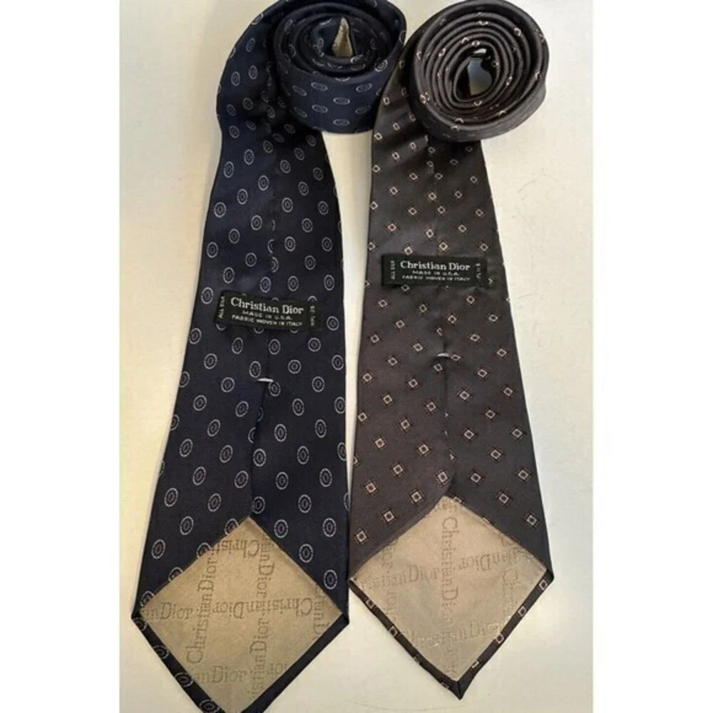 Christian Dior Vintage 2 Ties Navy Blue‎ Dots And Grey Diamonds Logo Necktie
